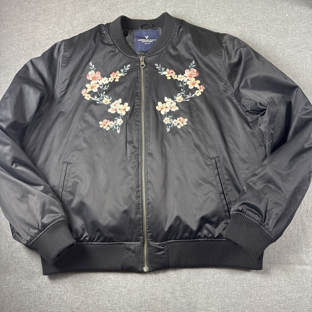 American Eagle Womens XXL Black Jacket Embroidered Flowers
